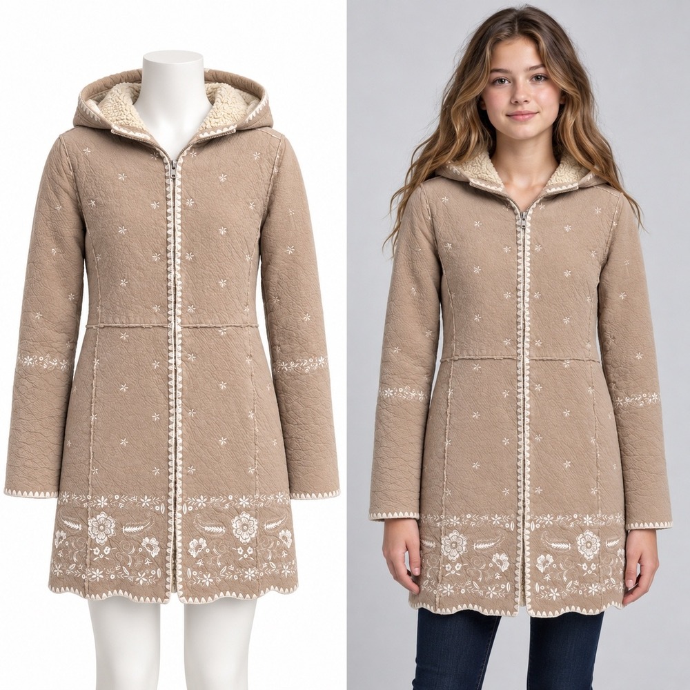 Gap Kids Jacket XXL 14-16 Tan Faux Suede Sherpa Lined Hooded Floral Embroidered